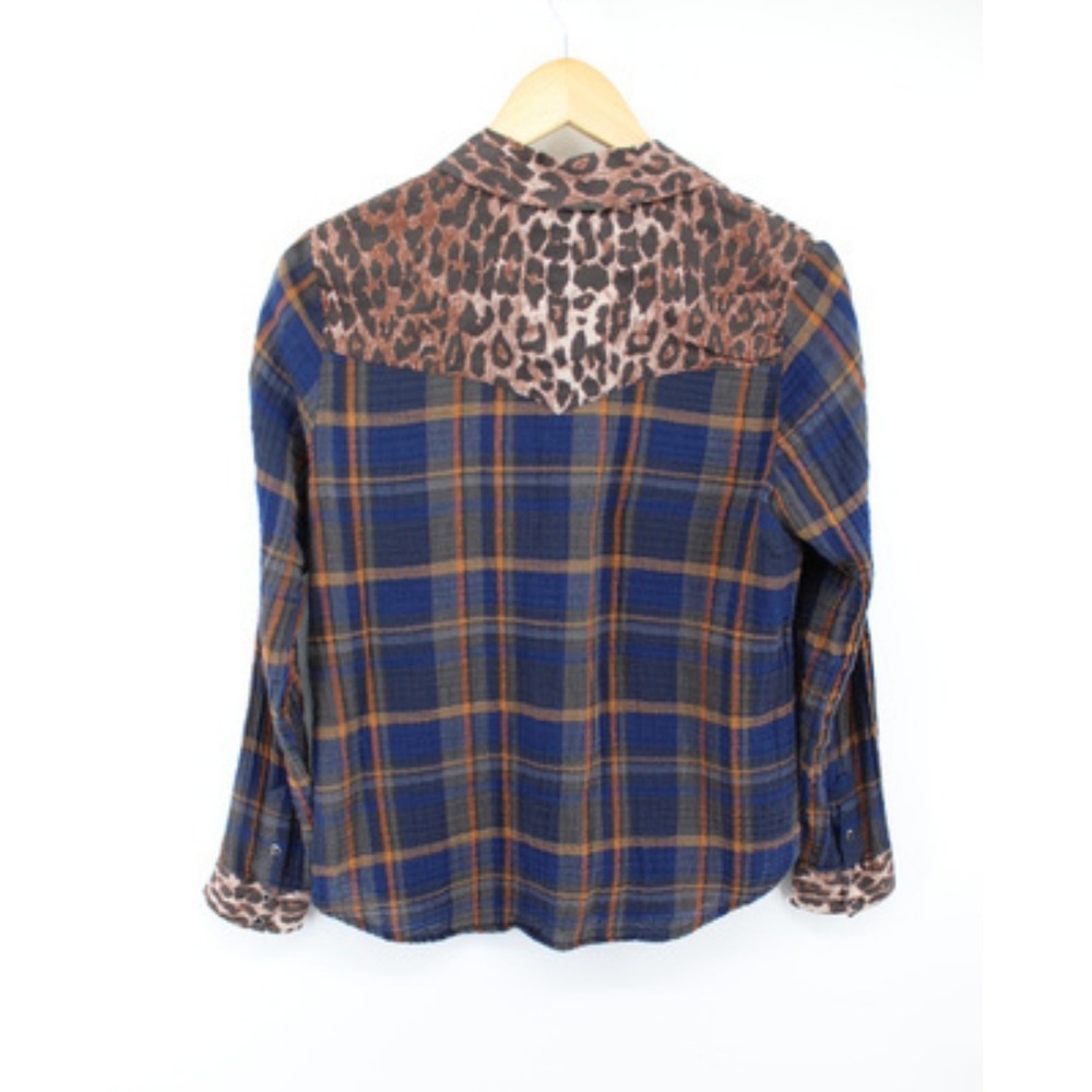Johnny Was Workshop Plaid Leopard Mix Shirt Small Boho Western Button Up Cotton - Picture 2 of 6
